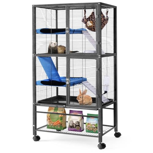 HABUTWAY 55''H Large Metal Rolling Ferrets Cage, Cage for Rats/Chinchillas, 0.5'' Bar Spacing for Ferret,Small Animal Cage w/Removable Ramp & Platform