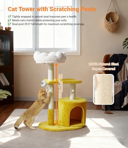 33" Cloud Cat Tree Tower, Cozy Bed & Large Condo for All Cats | 33" Multi-Level Cat Tower, Scratching Posts, Viewing Perch & Toys, Stable Structure, Padded Bed, 13.7"x11.8" Cat Condo - size: 33" with Condo