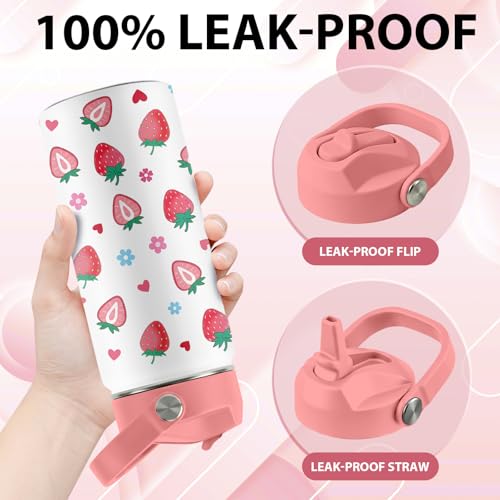 16 oz Water Bottle with Straw Lid, 2 Pack Set, Strawberry Mermaid Gifts for Girls, Stainless Steel Insulated Water Bottles for School Travel Outdoor Sports, Pink Cups Birthday Gifts - color: Strawberry and Mermaid