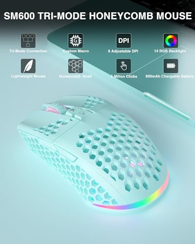 SOLAKAKA SM600 Honeycomb Shell Gaming Mouse Wireless,8000 DPI Tri-Modes BT5.1/2.4G Wireless/Type-C Wired Gamer Mouse with 2 Side Buttons, Macro Programmable and RGB Light for PC/Mac/Laptop,Green - color: green