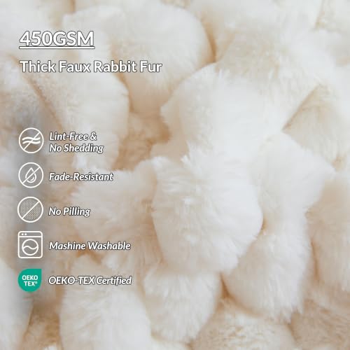 XeGe Luxury Bubble Fluffy Faux Rabbit Fur Bed Blanket Queen Size, Beige | 90"x90", Double-Sided, Hypoallergenic, No-Shed, Machine Washable, Buttery Soft Fuzzy Blanket for Kids Teens Girls Women Mom - color: Beige, size: Queen (90" X 90")