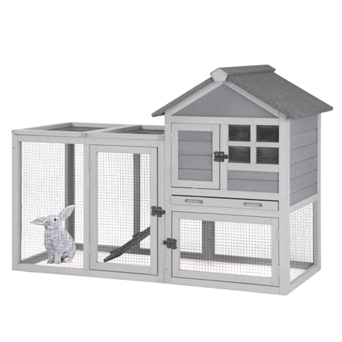 51.6’’ Large Rabbit Hutch Indoor Outdoor, Bunny Cage with Run, Wooden Rabbit House with Anti-Chewing Ramp, Waterproof Roof and Leakproof Deeper Tray (Grey) - color: Grey