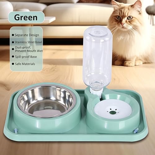 J&L VVMEET Non-Slip Dog Cat Food and Water Bowls Set with Water Dispenser | Dog Bowls Detachable Stainless Steel Bowl Gravity Pet Feeder and Waterer Set Automatic Water Refill for Cat Dog Puppy Rabbit - color: Green, size: Water Capacity: 500ML