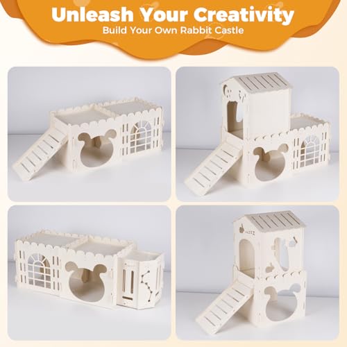Extra Large Rabbit House, Wooden Bunny Castles with 4 Houses and Hay Feeder, Indoor Guinea Pig Castles Multistory Climbing Tower, Sturdy Wooden Bunny Cage Indoor, Small Animal Pet Rabbit Habitat - size: 4 Houses with Feeder