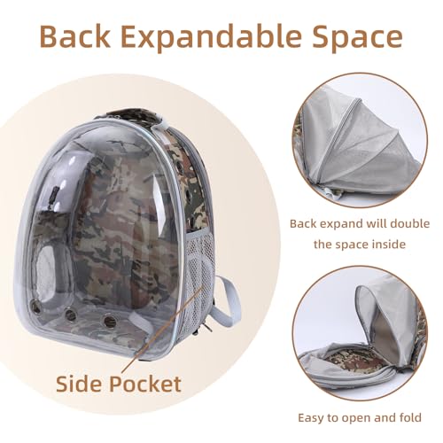 Expandable Cat Carrier Backpack with Bubble Window, Camo | Breathable mesh, anti-collapse frame, side door, safety leash and escape-resistant zippers for vet visits and outdoor travel. - color: Camo