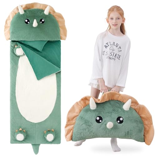 70" 4.2lbs Kids Sleeping Bag with Pillow Green Dino Toddler Nap Mat | Sleep Sack 2-in-1 Sleeping Mat&Blanket Washable Rolls Up W/Handle For Daycare Kindergarten Thick Soft & Portable In Gift Box - color: Dinosaur-Green