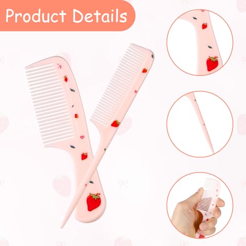 2pcs Baby Hair Comb Set, Pink Strawberry Mini Fine Tooth & Rat Tail Comb | Cute, Tiny, Small, Plastic, Parting Combs for Toddler Women Girls Kids All Hair Types, Hairbrush Tools Accessories - style: Strawberry