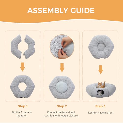 PEQULTI Cat Tunnel with Bed for Indoor Cats, Cat Play Donut Tunnel with Washable Soft Plush Mat, Round Cat Tunnel Toys Cute Cat Tube for Kittens, Puppies, Rabbits and Ferrets, Grey - color: Grey