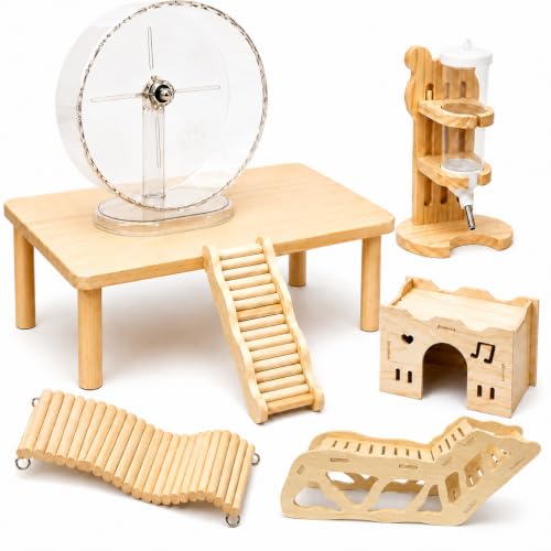 Large Hamster Platform Set Wooden Hamster Cage Accessories 7PCS | large size hamster cage platform natural wood hamster hide hamster accessories hamster wheel for Syrian Hamsters Gerbils Mice - color: 7PCS