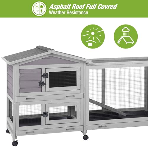 Outdoor Rabbit Hutch Indoor Bunny on Wheels Large Guinea Pig Cage with Run for Any Small Animals,Removable Pull Out Tray - color: Grey, size: 81.6"L x 16.4"W x 33.5"H