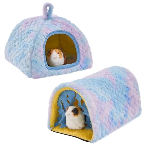 Avont 2-Pack Guinea Pig Tunnel & Hideout Bed Set | Washable Hideout & Tunnel Set, Breathable Fleece, Dual Entrances, Removable Pad, Blue or Yellow - color: Blue
