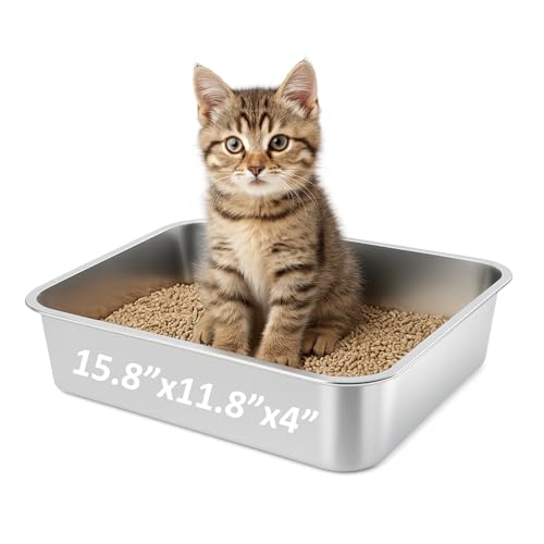 Small Stainless Steel Cat Litter Box, 15.7"x11.8"x4" | Non-Sticky, Smooth Metal Litter Box for Indoor Cats, Leak-Proof, Easy to Clean, Non-Slip, High Sided, Easy Entry - size: 15.7"x11.8"x4"
