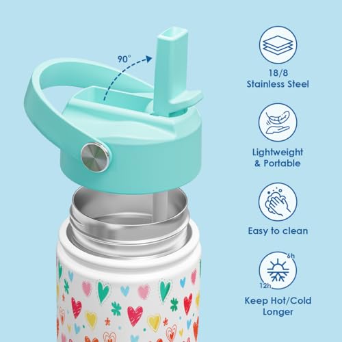 SANDJEST Kid Water Bottle 12oz with Straw Lid - 2-Pack Insulated Stainless Steel Water Bottles for Kids Girls - Travel Cup for School Sports, Bow & Heart - color: Heart + Bow (2 Pack)