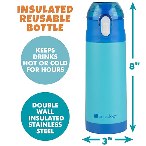 Bentology Stainless Steel 13 Oz Reusable Water Bottle for Kids, Blue | Double Wall Insulated, Spill Proof Lid W/Built-in Straw- Keep Liquids Hot or Cold- Easily Fits in Lunch Boxes & Bags - color: Blue