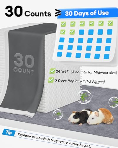 BUCATSTATE Disposable Guinea Pig Cage Liners 30 Count, Super Absorbent Guinea Pig Bedding, Bamboo Charcoal Odor Control Pee Pads for Rabbits, Ferrets and Birds (18''x24'') - size: 30 Count