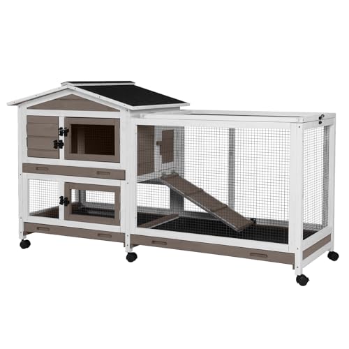 Aivituvin Rabbit Hutch 62" Rabbit Cage Indoor Outdoor Chicken Coop Guinea Pig Cage on Wheels Bunny Cage with 3 Deep No Leakage Pull Out Tray,Waterproof Roof (Brown) - color: Brown