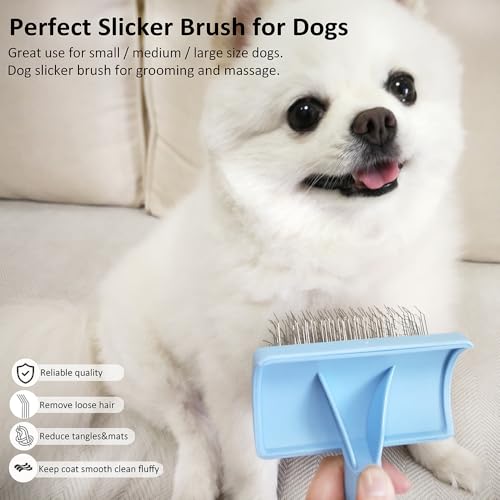 Slicker Dog Brush for Poodles,Doodle Brush,Fluff Shedding Fast. | Long Soft Gentle Pin,Curved Slicker Brush,Grooming Thick Long Curly Haired Dogs Cats,Fluffy Deshedding Reduce Tangles.25mm - color: blue