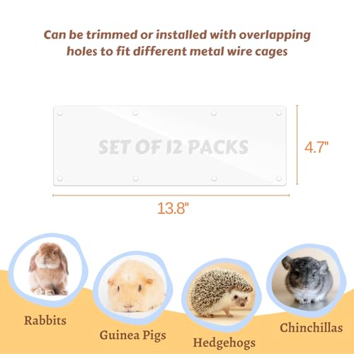 12 Pcs Clear Cage Guard, 13.8"x4.7" Scatter Guard for C&C Cages | Flexible Cage Liner with Zip Ties & Personalized Letter Stickers, Fits Rabbit Guinea Pig, Metal Wire Playpen, Cage Accessory - size: 13.8" x 4.7" (12 PCS, 8 Holes)