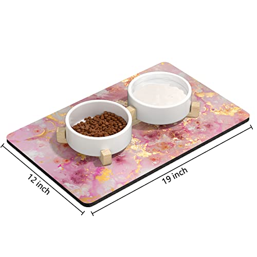 Rnivvi Dog Food Mat, 12" x 19" Absorbent Dog Cat Bowl Mat for Food and Water, Cute Anti-Slip Rubber Pet Feeding Rug Protect Floors, Puppy Placemat for Feeding & Watering Supplies, Pink Gold - color: Pink Gold Abstract, size: 12"x19" (Regular)