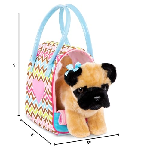 Pucci Pups Plush Puppy Set, Pug with Zigzag Carrier Bag, Pet, 3-Piece Set | 3-piece toy pet set with plush pug, pink zigzag carrier bag, and comb for pretend pet play; mesh zip front; 2+ Years - style: Pug - Zigzag Print Bag