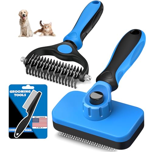 Professional 3PCS Self Cleaning Slicker Brush & Pet Grooming Rake & Flea Comb for Dogs,Cats and Horses | Double-Sided Dematting Comb & Skin Friendly Deshedding Grooming Tool | Pet Supplies (Blue) - color: Blue