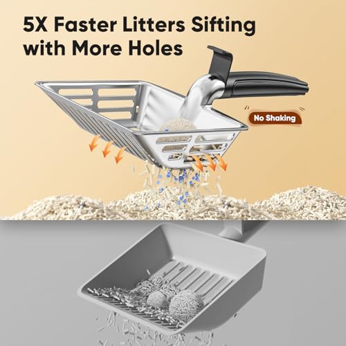 Large Metal Cat Litter Scoop w/ Deep Shovel, Dual-Size Holes & Hanging Hook | Heavy-Duty Kitty Scooper: Fast & Precise Sifting for Less Waste; Lightweight Aluminum Scoop w/ Long Handle & Easy-Hang -Black - color: Black