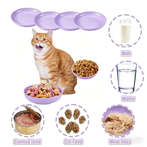 Shallow Cat Food Bowls 6pk Wide Flat Plastic Slow Feeder Pet Bowls | Wide shallow plastic cat bowls 6pk, anti-vomiting slow feeder, easy clean for wet dry food, for kittens small indoor dogs - color: purple