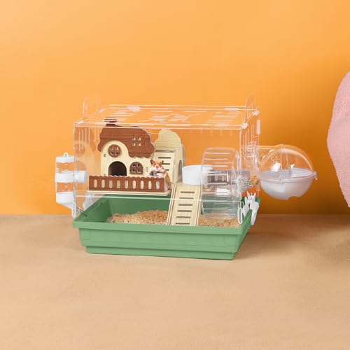 Acrylic Hamster Cage Clear Hamster Houses for Small Pet Mice | Running Wheel, Hideout, Food Bowl, 360 Viewing Transparent Pet Mice Cage for Syrian Dwarf Hamsters, Gerbils, Green - color: Green