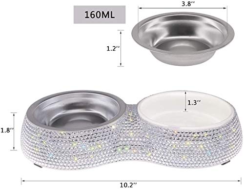 SAVORI Small Dog Bowls, Handmade Bling Rhinestones Stainless Steel Pet Bowls Double Food Water Feeder for Puppy Cats Dogs Cats (Silver-320ml) - color: Silver-320ml