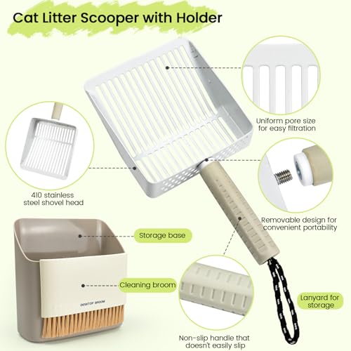 Cat Litter Scoop with Holder, Stainless Steel, Non-Slip Handle | Stainless steel litter scoop with holder captures clumps fast and includes a mini broom and dustpan for easy cleanup - color: White