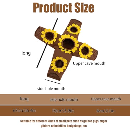 Guinea Pig Hideout and Toys, 4-Way Collapsible Small Pet Tunnels and Tubes with Sunflower Peepholes for Bunny Rabbit Ferret Hamster Chinchilla Hedgehog Hiding and Resting, 26.4in Long，Brown