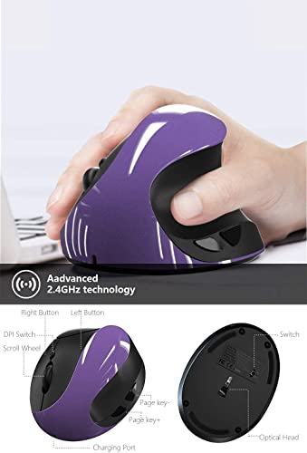 Ergonomic Vertical Mouse, Wireless 2.4G High Precision Rechargeable Ergonomic Mouse Optical Mice with Adjustable DPI 800/1200/1600, Reduce Wrist Strain, Specially for Small-handers Right-handers - color: Purple - Right hand- rechargeable
