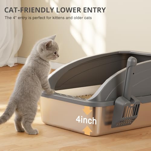 Stainless Steel Cat Litter Box with Lid, Metal Kitty Litter Box with Scoop, Non-Stick Base, Easy to Clean for Cat, Rabbit, Guinea Pigs and Hamsters - Dark Gray - color: Dark Gray