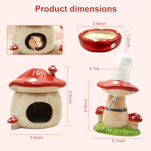 Mushroom Ceramic Hamster Hideout, Water Bottle with Stand, Food Bowl, Hamster Accessories (red) - color: red