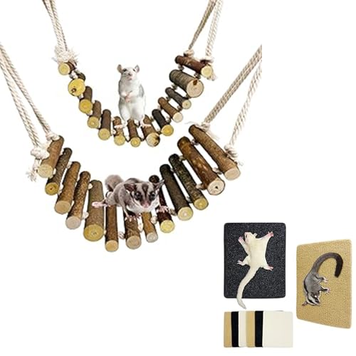 BNOSDM Sugar Glider Climbing Toys 2 Pack Nature Wood Rope Ladder Hanging Bridge Cage Accessories and 6 Piece Sugar Glider Toys Climbing Mats Cage Accessories Scratching Claws Sharpening Pads