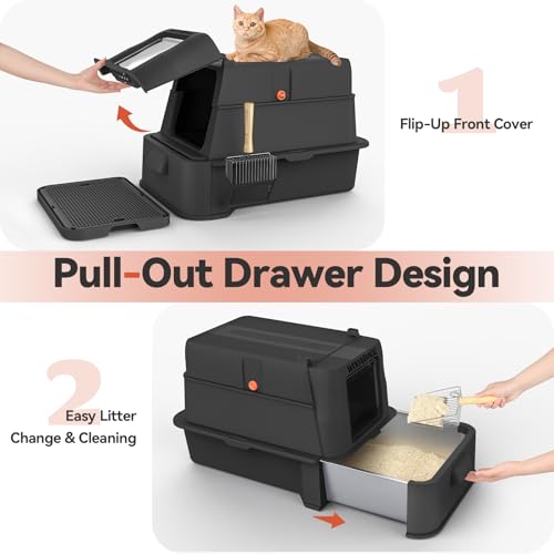 Wooaidagg Enclosed Stainless Steel Cat Litter Box with Odor Control, Modular Design with Drawer and Flip Door, Easy to Clean and Wash,Non-Stick Interior,Extra Large Size Fits All Cats(Black) - color: Black