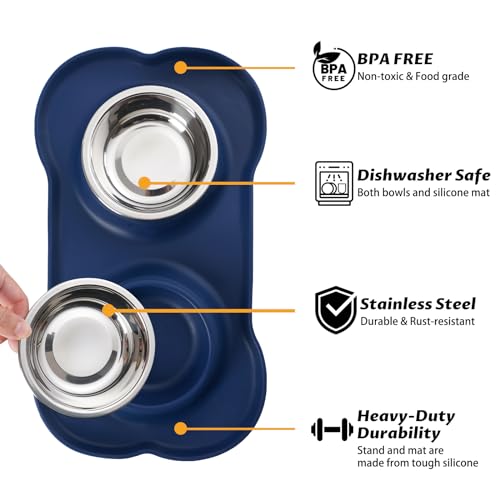 Hubulk Pet Dog Bowls 2 Stainless Steel Dog Bowl with No Spill Non-Skid Silicone Mat + Pet Food Scoop Water and Food Feeder Bowls for Feeding Small Medium Large Dogs Cats Puppies (Small, Navy Blue) - color: Navy Blue, size: Small