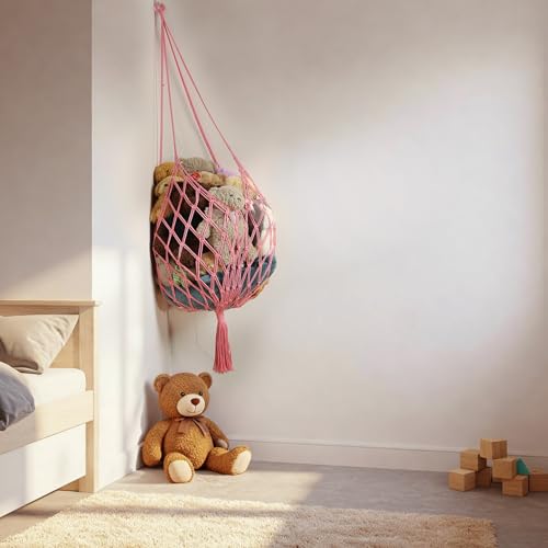Amdermi Stuffed Animal Storage Hammock Corner Hanging Net Stuffy Animal Hammock Macrame Toy Display Plush Toy Holder for Kid Bedroom Decor Boho Nursery Playroom Organizer (pink) - color: Pink