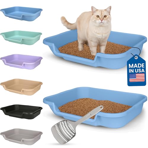 KittyGohere Senior Cat Litter Box Large with Scoop, 2 Pack Blue | Open Top Low Entrance Kitty Litter Box With Long-handle Jumbo Scoop, Lightweight Low Entry Litters Box, Durable, Made in USA - color: Little Boy Blue, size: Large(2 Pack) with Scoop
