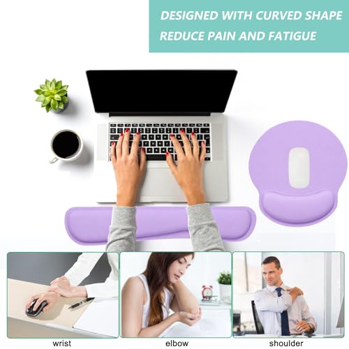 Keyboard Wrist Rest Pad Mouse Pad with Wrist Support Set of 3, Mousepad with Non-Slip Rubber Base, Ergonomic Memory Foam Mouse Wrist Cushion Support for Home Office Laptop Computer Gaming, Purple - color: Purple