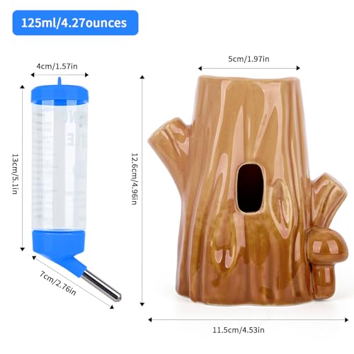 4.27oz(125ML)Stump-Shaped Ceramic Hamster Water Bottle(Brown+Blue) | Leak Proof Small Animal Waterer with Bracket,for Syrian Dwarf Hamster, Mice, Chinchillas - color: Brown+blue