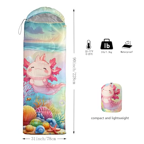 QOOMO Camping Sleeping Bags,3 Season Warm & Cool Weather,Lightweight,Waterproof Sleeping Bags for Adults & Kids,Traveling,and Outdoors,Camping Gear Equipment - color: cartoon axolotl