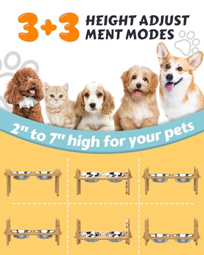 Jovrun Elevated Dog Bowls, Adjustable Raised Dog Bowl Stand for Small Size Dogs and Cats, Durable Bamboo Dogs Feeder with 2 Stainless Steel Bowls and Non-Slip Feet, Pet Food Bowl with Mat - color: Bamboo, size: 2″-7″For Small Dogs and Cats with Mat