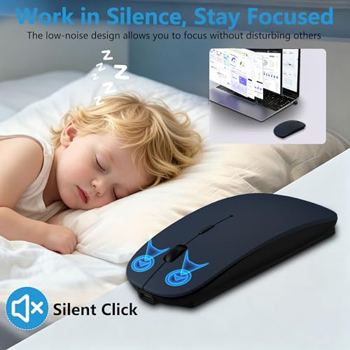 Slim Bluetooth Wireless Mouse with Jiggler - Blue | Rechargeable Portable Mouse, BT5.2 & 2.4G, USB-C/USB-A Receiver, Adjustable DPI for MacBook, iPad, Laptop & PC - color: Deep Blue