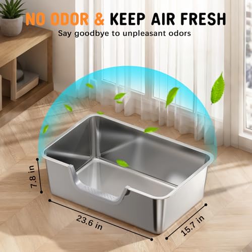 Stainless Steel Litter Box with High Sides,23.6" L X 15.7" W X 7.8" H,Extra Large Jumbo Cat Litter Box,XL Kitty Metal Liter Box for Indoor Big Cat,Non-Sticky,Anti-Leakage(Entry on Long Side) - size: Entry on Long Side