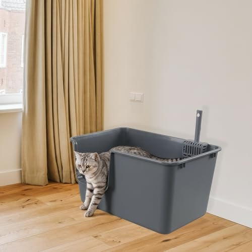 4 Packs Large Open Top Cat Litter Box, High Sides Cat Litter Pan, Anti-Splash & Low Entry, Including 4 Cleaning Scoops for Multiple Cats, Large Breed, Gray