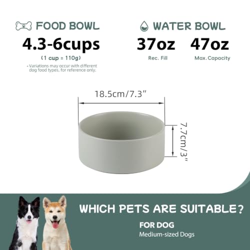 Havniva Ceramic Dog Bowls, 7.3” Dog Food and Water Bowl, Pet Feeding Bowl | Dog Food Bowl for Medium Dogs, Food-Grade Ceramic, Dog Water Bowl with Non-Slip Rubber Base, Large Capacity, Dishwasher Safe - color: Matte Gray, size: 7.3" - Bowl