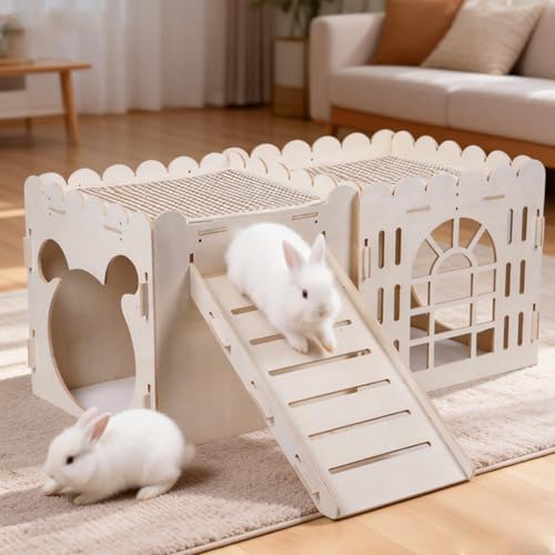 Large Rabbit House with 2PCS Rabbit Scratch Mat, Wooden Bunny Castle with 3 Houses Indoor, Guinea Pig Cage Multistory Climbing Tower Sturdy Wooden Castle, Small Animal Hideaway Tunnel - size: 3 Houses with Pad