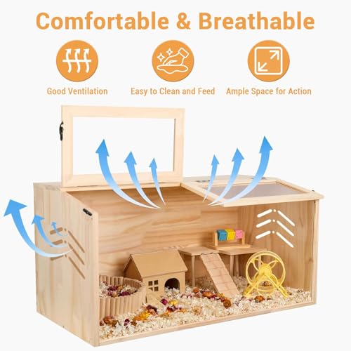 Wooden Hamster Cage, Large Hamster Habitats Enclosure Tank with Lock, Acrylic Sheet & Openable Top, Small Animal Cage for Chinchilla, Guinea Pig, Gerbil 40'' l