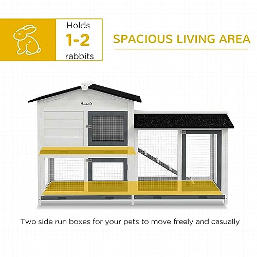 PawHut 62" Rabbit Hutch with Run Area for Rabbits, Chickens, White | Wooden Bunny Hutch, Guinea Pig Cage, Small Animal Enclosure, Removable Tray, Asphalt Roof, Lockable Doors, Ramp for Ducks - color: White